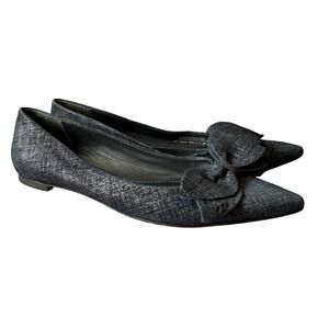 Tory Burch Navy Blue Denim Rosalinda Ballet Flats Sz 6.5 Bow Pointed Toe